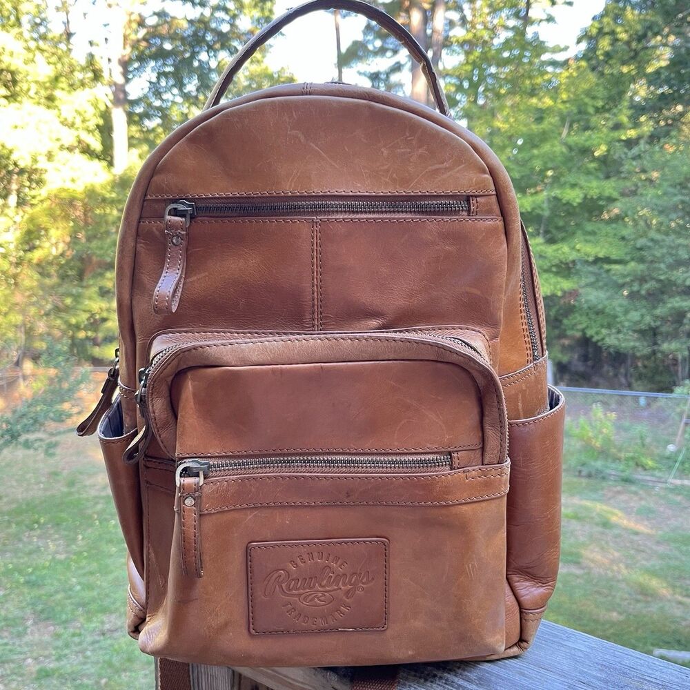 Rawlings Genuine Leather Backpack Cognac Tan Medium Travel Laptop Distressed